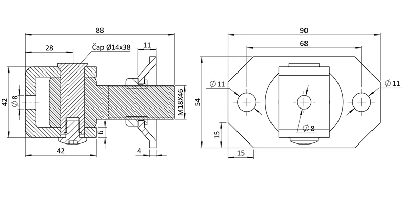 W78P/M18 Záves M18 s platňou 54 x 90 mm, nastaviteľný, pozink