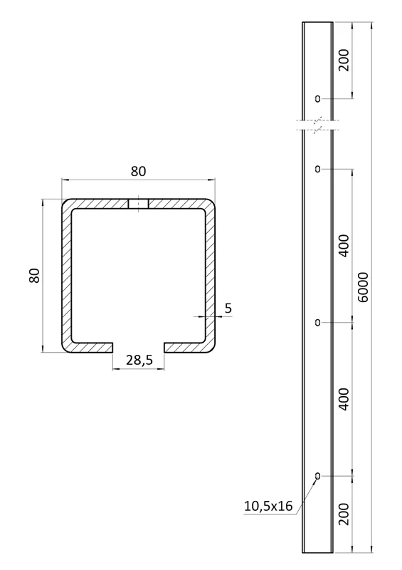 W Set80/Zn-9-DIER Samonos do 500 kg/6 m, dierovaný profil 80 × 80 × 5 mm, Zn