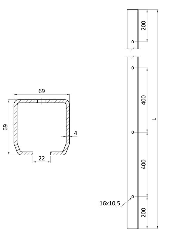 C-DIER/399P-4Zn-6 profil s otvormi, 69x69x4mm, pozink pre samonosný systém 6m