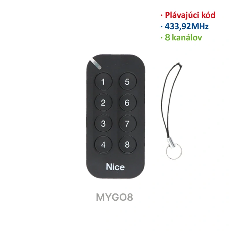 MYGO8 Nice Vysielač 8-kanálový, 433 MHz, plávajúci kód, čierny