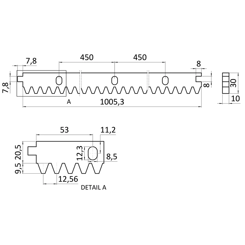 CREM-10K hrebeň kov 30x10mm, L-1000mm, M4, max do 1700kg, 3x úchyt+skrutky, pozinkovaný so zámkom