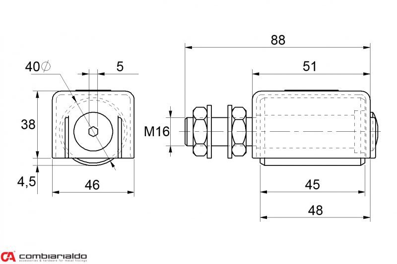 C450SKH / 40x45 - nylonová vodiaca kladka ø 40 mm, dĺžka 45 mm, M16 s ochranným krytom