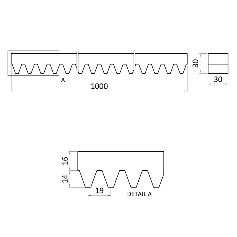 CREM-30 Hrebeň kov 30x30mm, L-1000mm, pre pohony s pastorkom M6, max do 5000kg, pozinkovaný, cena za kus