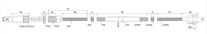 EB1-LSU úchyt, šponovák pre nerezové lanko ø 3.0-6.0mm so závitom M4-M8 a LH4-LH8, brúsená nerez K320/ AISI304