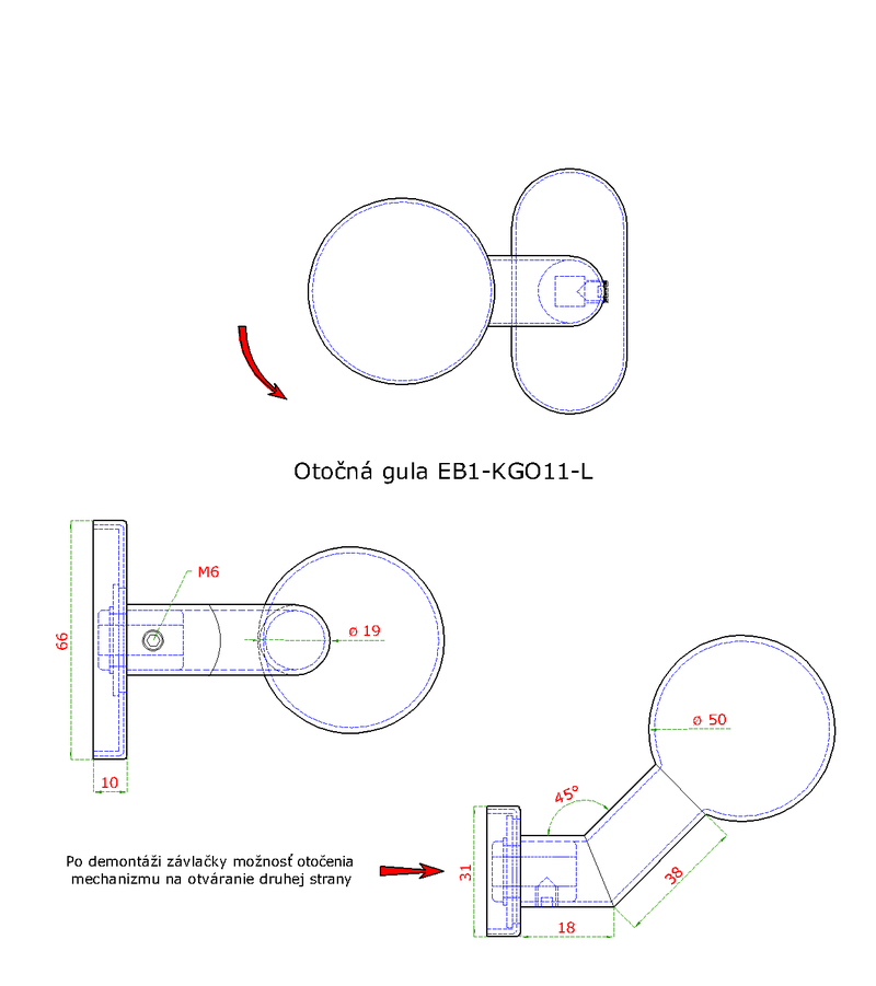 EB1-KGO11N-L guľa ku kľučke s oválnou rozetou, otočná, ľavá, bal. : 1 ks, brúsená nerez K320 /AISI304