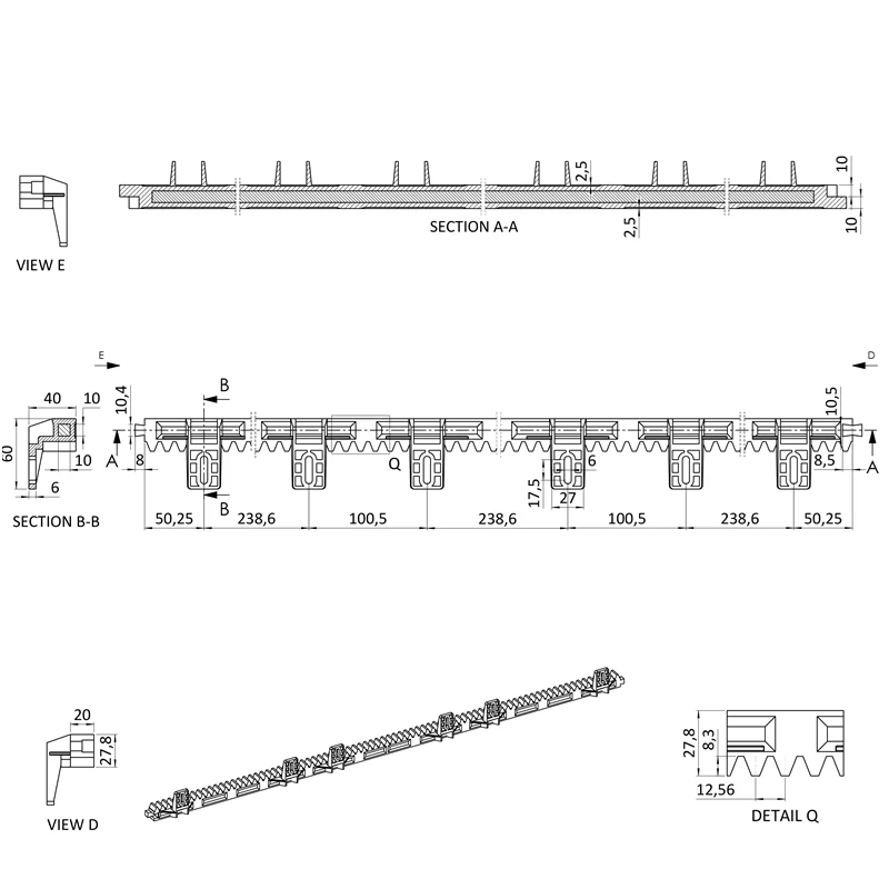 CREM-P hrebeň nylon-kov 28x20mm, L-1000mm, max do 700kg, 6x úchyt so skrutkou, kovové jadro 10x10mm