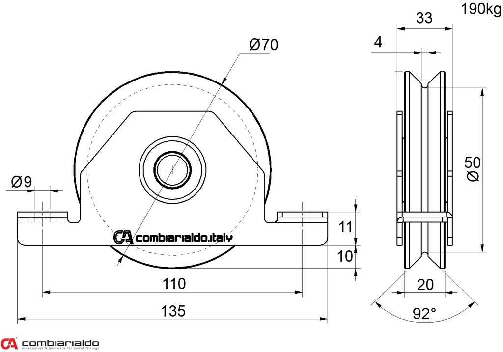 C426/70 kladka ø 70mm pre zapustenie do jokla Combi Arialdo, V profil, nosnosť 190kg