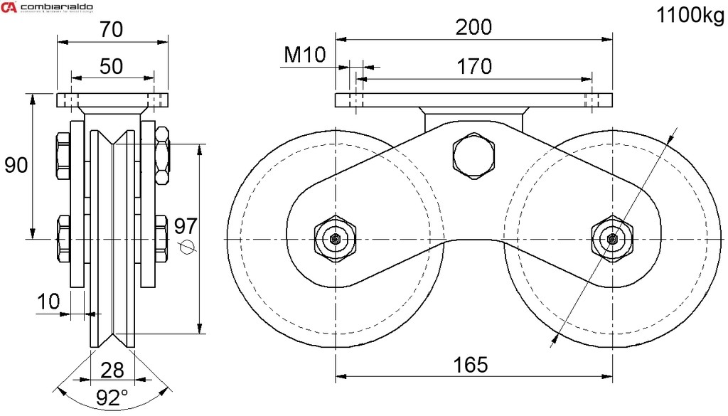 C602/120 koliesko dvojité ø 120mm Combi Arialdo, nosnosť 1100 kg, Zn, V-profil