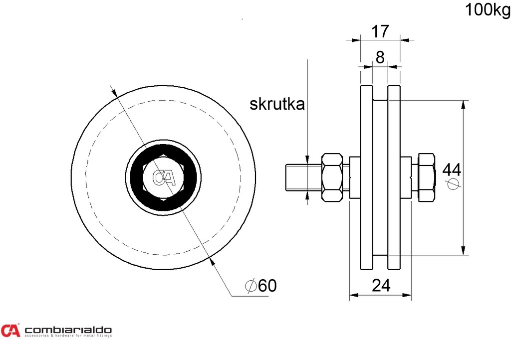 C403/60 koliesko ø 60mm jednoložiskové Combi Arialdo, H profil, nosnosť 100kg