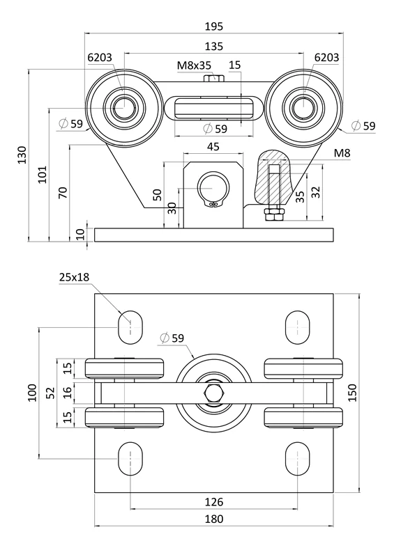 C395P-IX nerezový vozík PICCOLO do profilu (67x67mm) pre samonosné brány do 200kg/ otvor: 4.5m