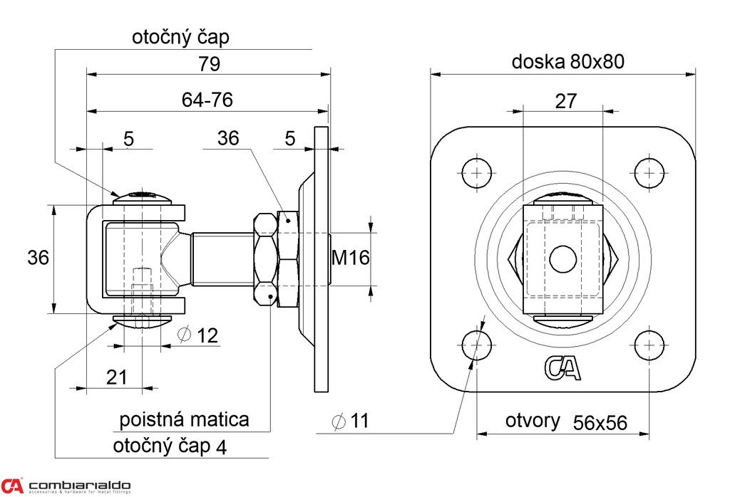 C378/M16  záves nastav. s kontramaticou, platňa 80x80mm