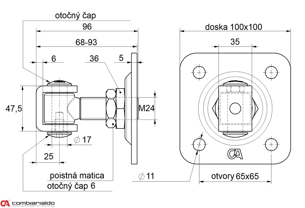 C378/M24  záves nastaviteľný s kontramaticou, platňa 100x100mm (závit: M24)