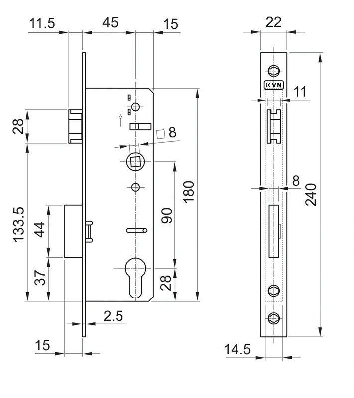 ZM90/60H Zámok vložkový, zápust 59mm, rozteč 90mm, poniklovaná predná lišta
