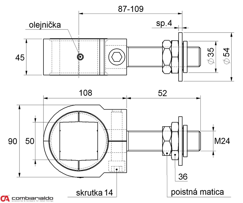C845/M22/50 mm záves nastaviteľný na upnutie štvorhranu 50x 50 mm