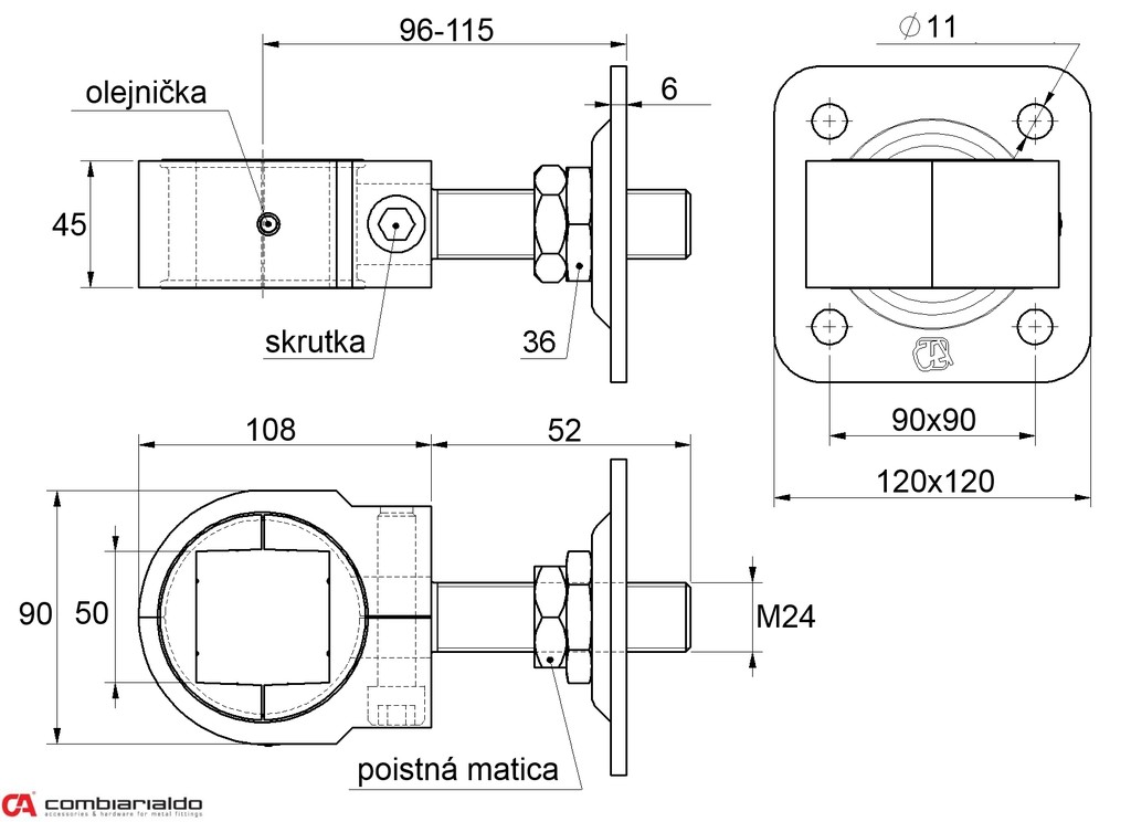 C848/M24/50 mm záves nastaviteľný M24 na upnutie štvorhranu 50x50mm, platňa 120x120mm