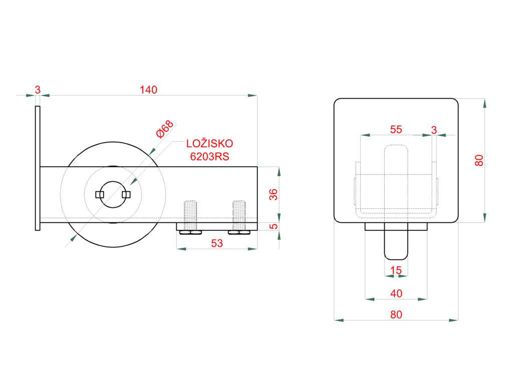 W Set80/Zn-9 - samonosný systém 80x80x5mm posuvnej brány do 400kg/6m otvor (W39/80Zn 6m pozinkovaný profil, 1x W-SET809F)