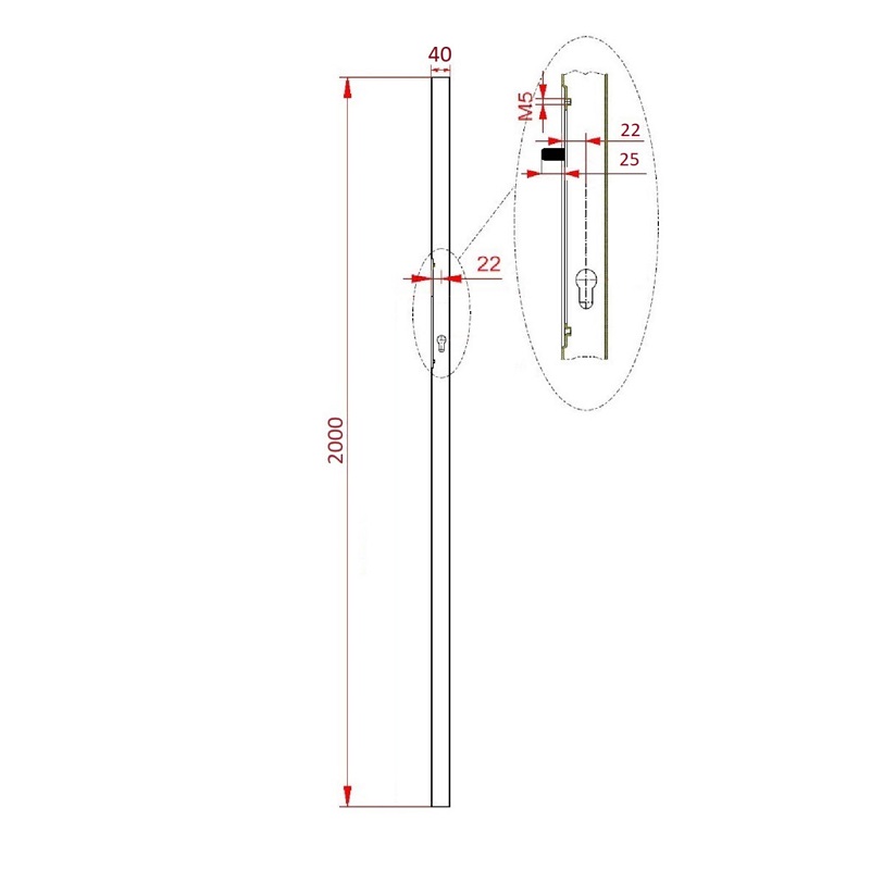 KZK4420PB profil 40x40x1,5mm H-2000mm so zámkom, vhodný pre rám posuvnej bránky, bez povrchovej úpravy, bez vložky