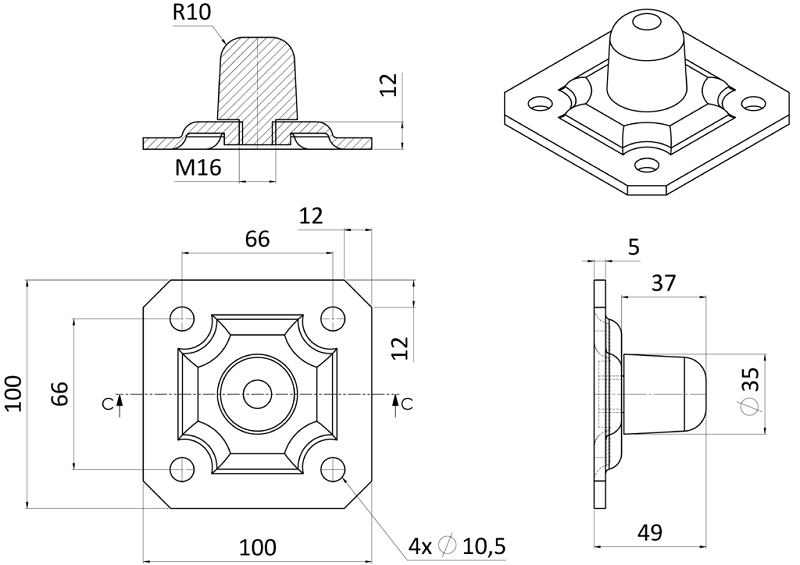 W386.1 nastaviteľný doraz posuvných brán, platňa 100x100mm, pozinkovaný