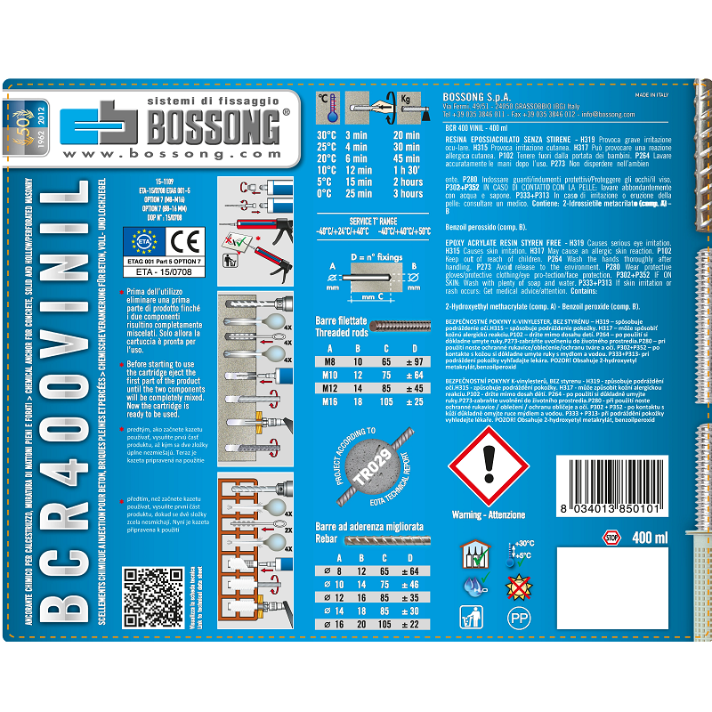 BO-VIN400 chemické kotvenie vinylové(epoxyakrylát) bez styrénu so zmiešavacím hrotom 400ml 