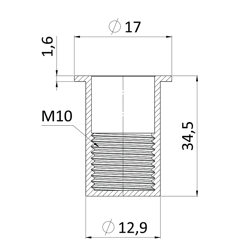 FH-KBC nitovacia matica M10 -S plochá hlava, rýhovaný driek, uzavretá