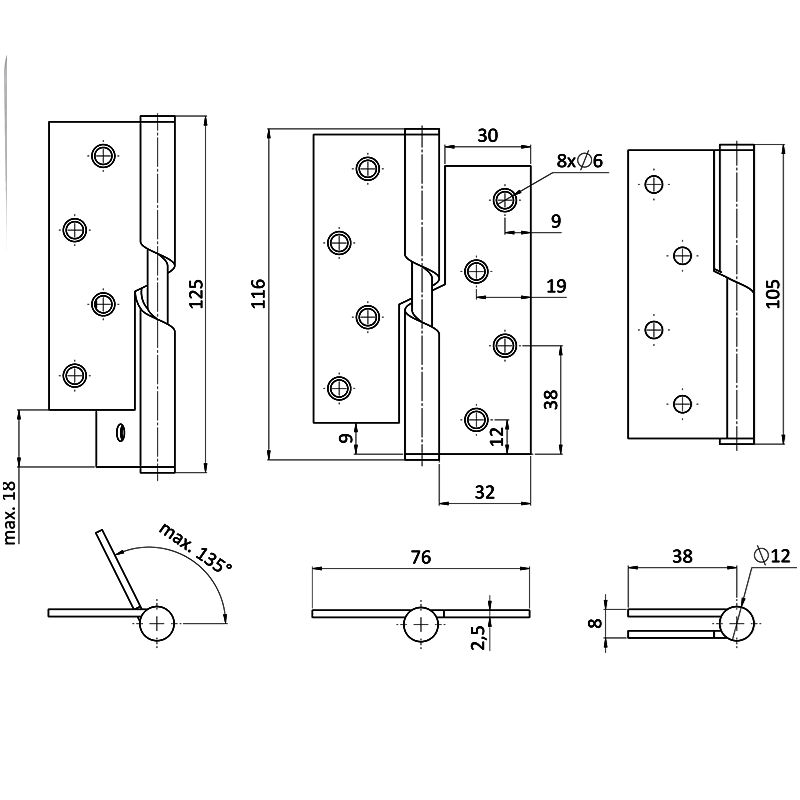 EB1-ZP04-P - nerezové pánty pridvihovacie 2ks (pravé), 100x75x2.5mm, max. nosnosť: 80 kg (2 pánty), brúsená nerez K320 /AISI304