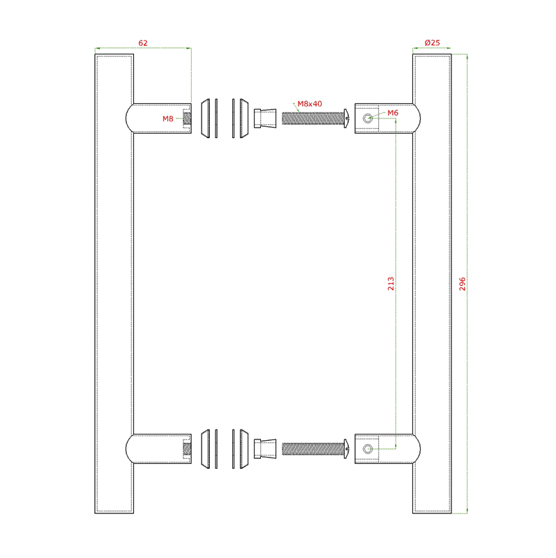 EB1-DM21-B - nerezové madlo na dvere (296mm / ø 25mm), na sklo 8-12mm, brúsená nerez K320 /AISI304