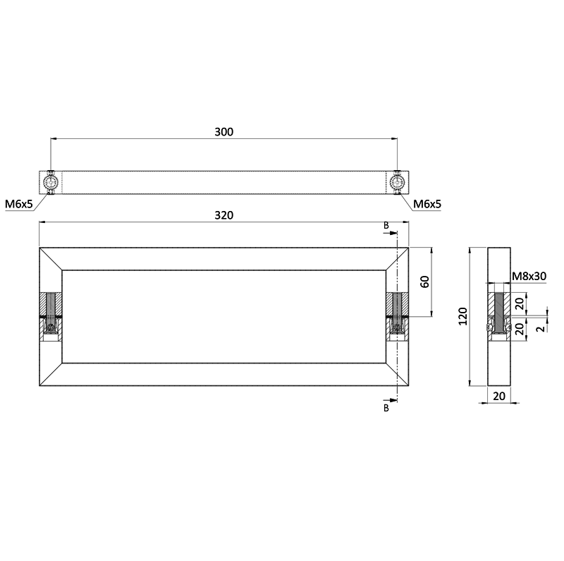 EB1-DM01 - nerezové madlo (300x60x0.8mm / 20x20mm), brúsená nerez K320 /AISI304