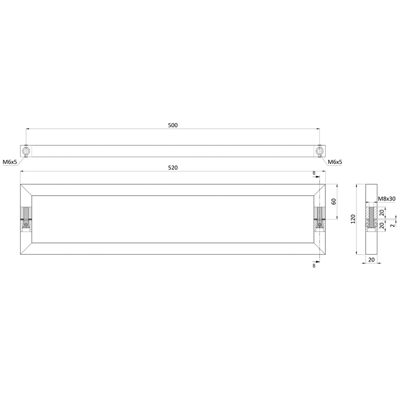 EB1-DM03 - nerezové madlo (500x60x0.8mm / 20x20mm), brúsená nerez K320 /AISI304