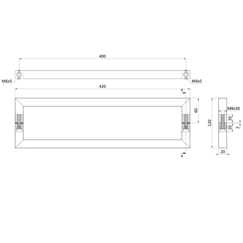 EB1-DM02 - nerezové madlo (400x60x0.8mm / 20x20mm), brúsená nerez K320 /AISI304