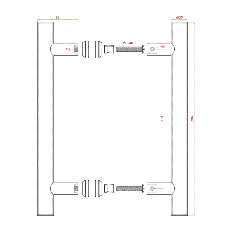 EB1-DM21 - nerezové madlo na dvere (296mm / ø 25mm), na sklo 8-12mm, leštená / brúsená nerez K320 /AISI304