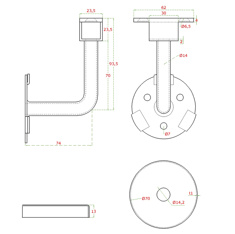 EB1-LDL3 - držiak LED madla na stenu, na madlo EB1-HM42, EB1-JHM40, EB1-JHM60x40, brúsená nerez K320/AISI304