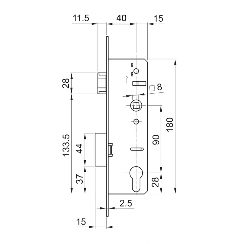 ZM90/55H Zámok vložkový, zápust 55mm, rozteč 90mm, poniklovaná lišta