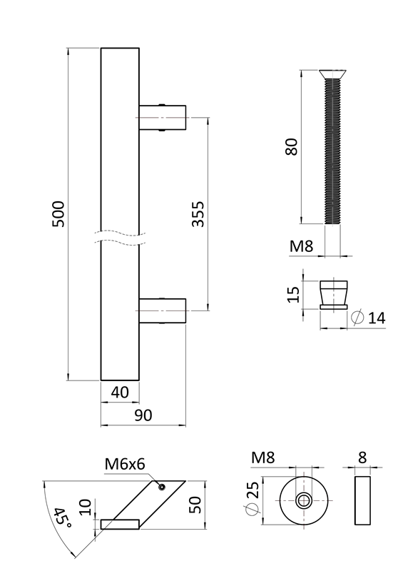EB1-JMU-500 Nerezové 45° madlo, dĺžka 500mm, AISI304