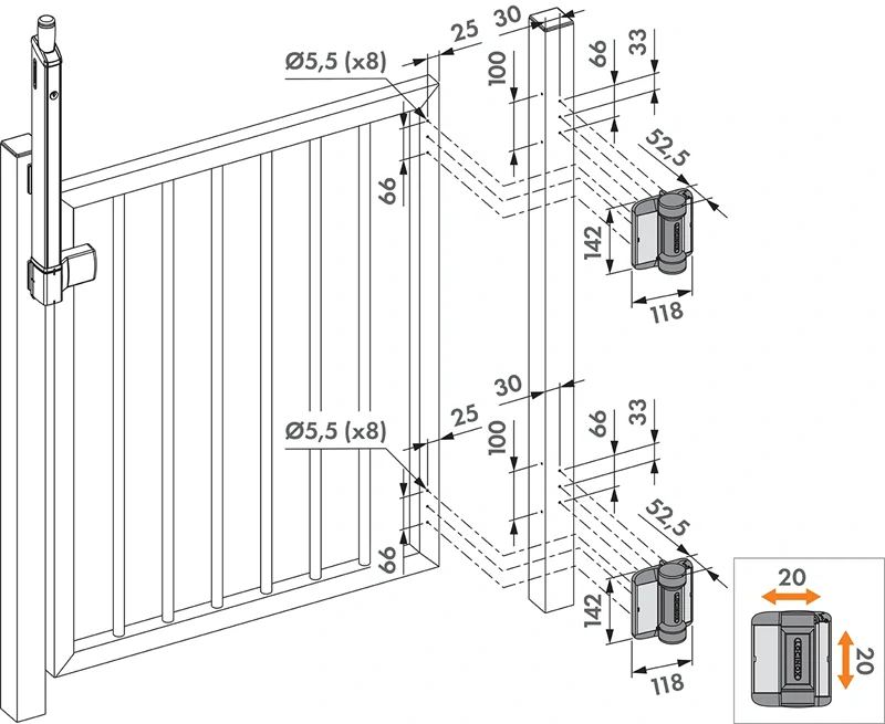 SERVAL Samozatvárateľné pánty pre brány do 60kg/1.1m