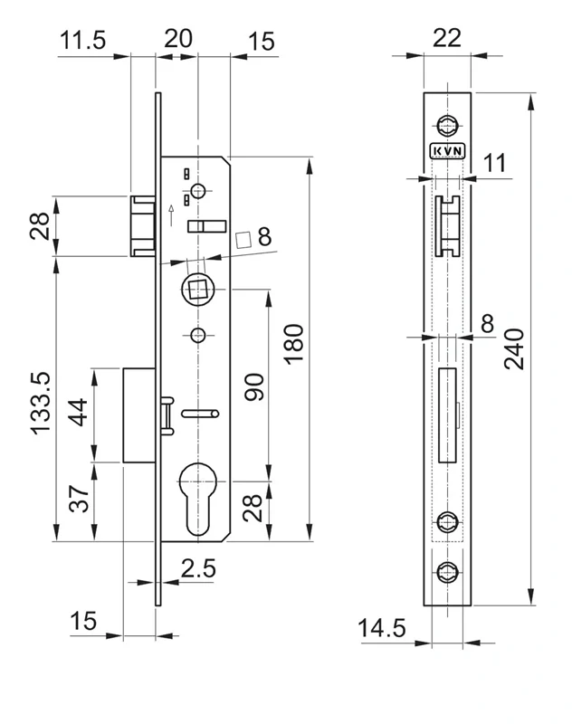 Profil 40x40x2mm so zámkom, 2000mm, pravý ( jeden otvor na kľučku ) KZJ40x40-P
