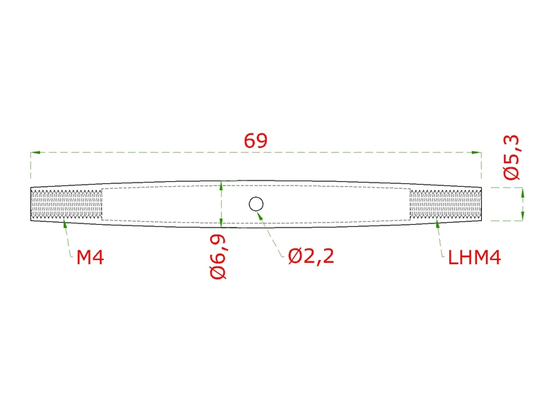 EB1-LN1M4 telo šponováka pre nerezové lanko, so závitom M4-M6 a LH4-LH6, brúsená nerez K320/ AISI304