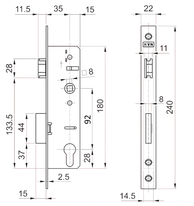 ZM92/50H Zámok vložkový, zápust 50 mm, rozteč 92 mm, obojstranný