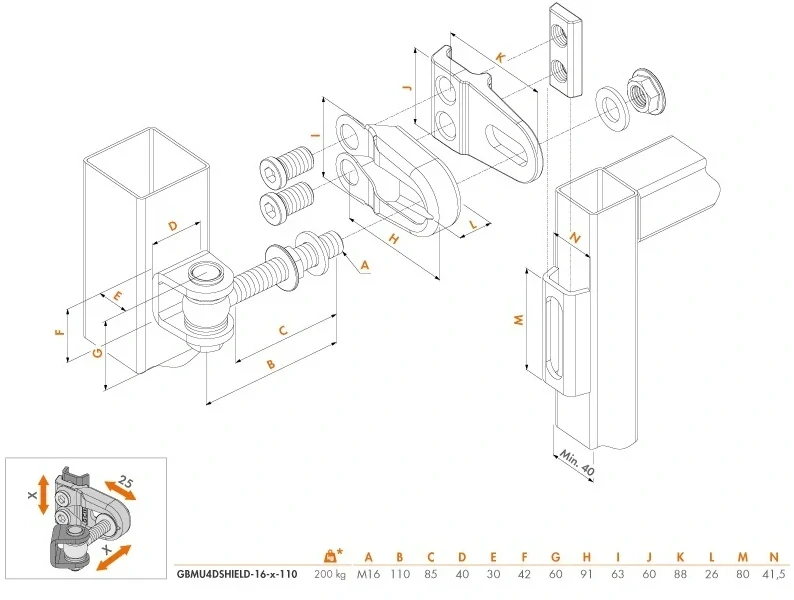 GBMU4DSHIELD-16-B Navárací záves M16, 180°, nastaviteľný 3D, čiastočný pozink