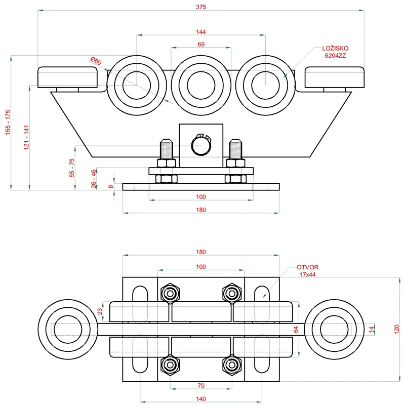 W38MR/F vozík regulovateľný pre C-profil 80x80x5mm, oceľové kolieska, žltý zinok, pre bránu do 400kg otvor do 5,5m
