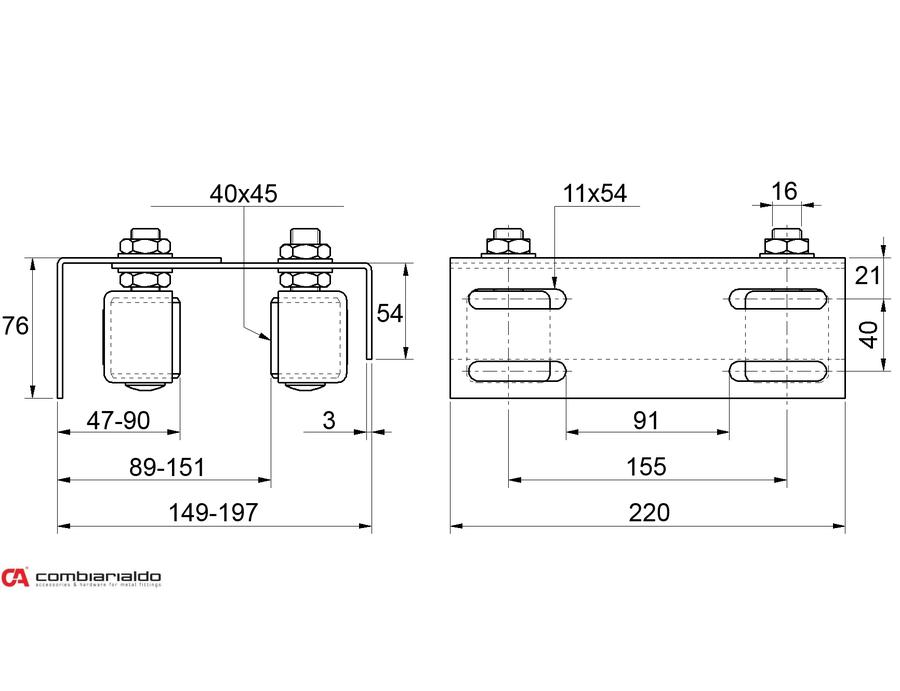 C462 M - Platňa , 4 vodiace nylon.  kolieska 40x45mm, M16