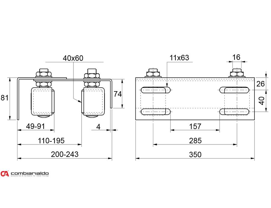 C462G  - Platňa  4 vodiace nylon. kolieska 40x60mm, M16