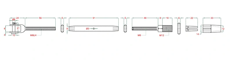EB1-LSU úchyt, šponovák pre nerezové lanko ø 3.0-6.0mm so závitom M4-M8 a LH4-LH8, brúsená nerez K320/ AISI304