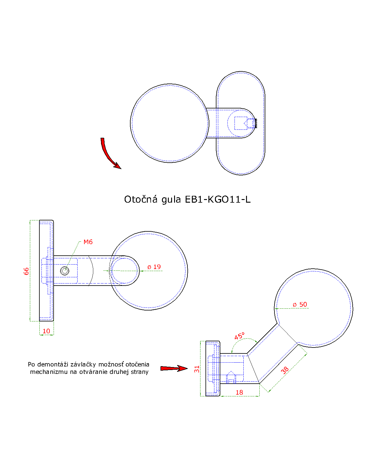 EB1-KGO11N-L guľa ku kľučke s oválnou rozetou, otočná, ľavá, bal. : 1 ks, brúsená nerez K320 /AISI304