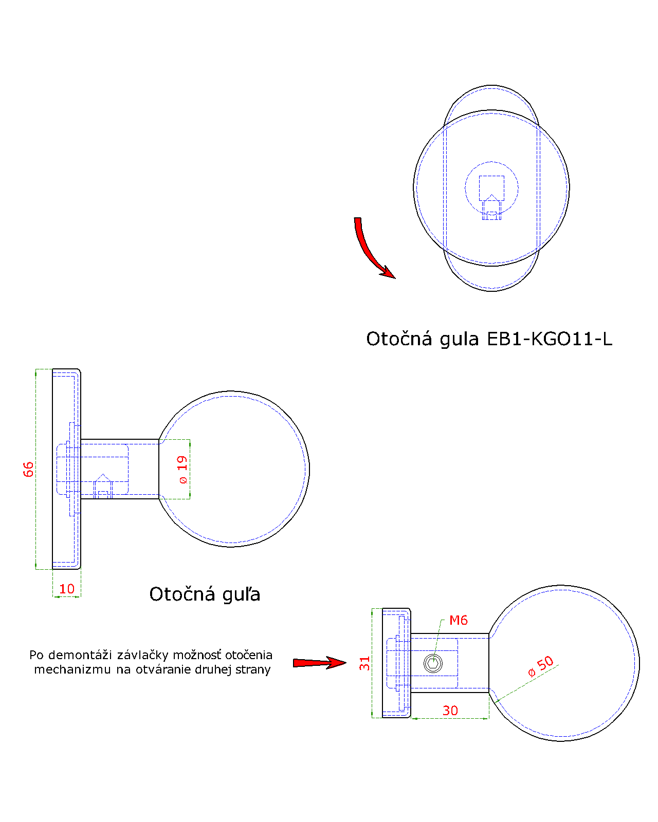 EB1-KGO15-L guľa ku kľučke s oválnou rozetou, otočná, ľavá, bal. : 1 ks, brúsená nerez K320 /AISI304