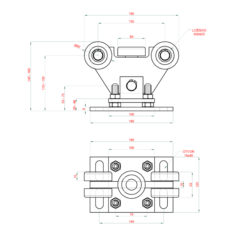 W Set69Zn-P samonosný systém 69x69x4 posuvnej brány do 200kg/4,5m otvor, pozinkovaný profil 