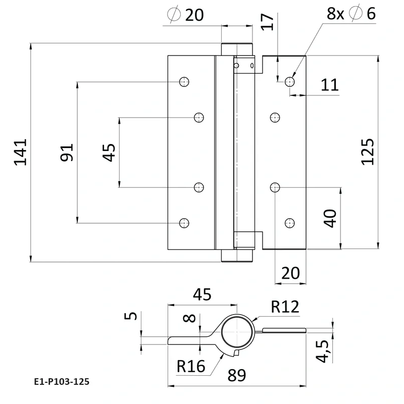 E1-P103-075 Samozatvárací pánt pre krídlové dvere, nerezový, cena za PÁR