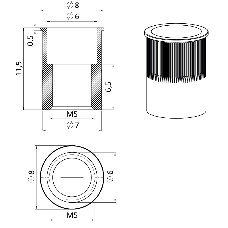 E1-NRM nerezová redukovaná nitovacia matica M5-M10, zapustená hlava, ryhovaný driek, AISI304