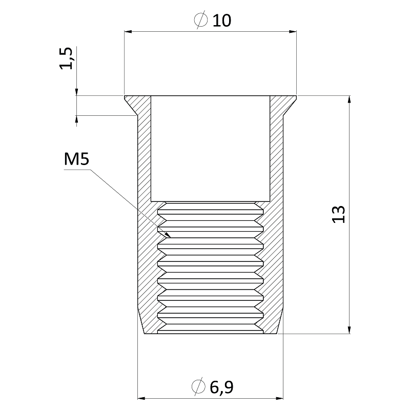 NMO matica nitovacia M10 so zápustnou hlavou, ryhovaný driek, oceľ-biely pozink