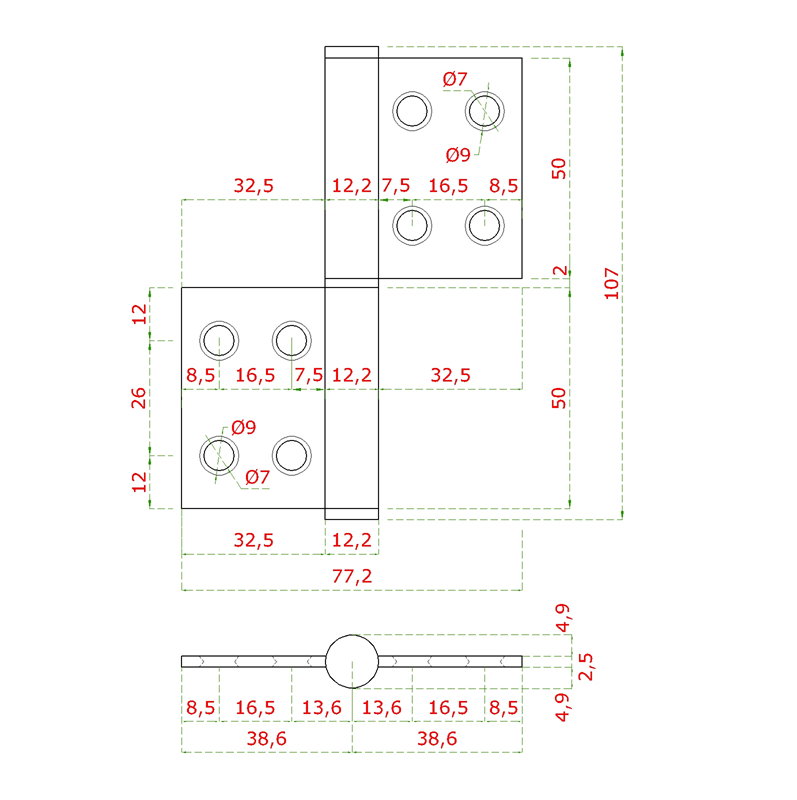 EB1-ZP03 - nerezové pánty 2ks, 100x75x2.5mm, max. nosnosť: 70 kg (2 pánty), brúsená nerez K320 /AISI304