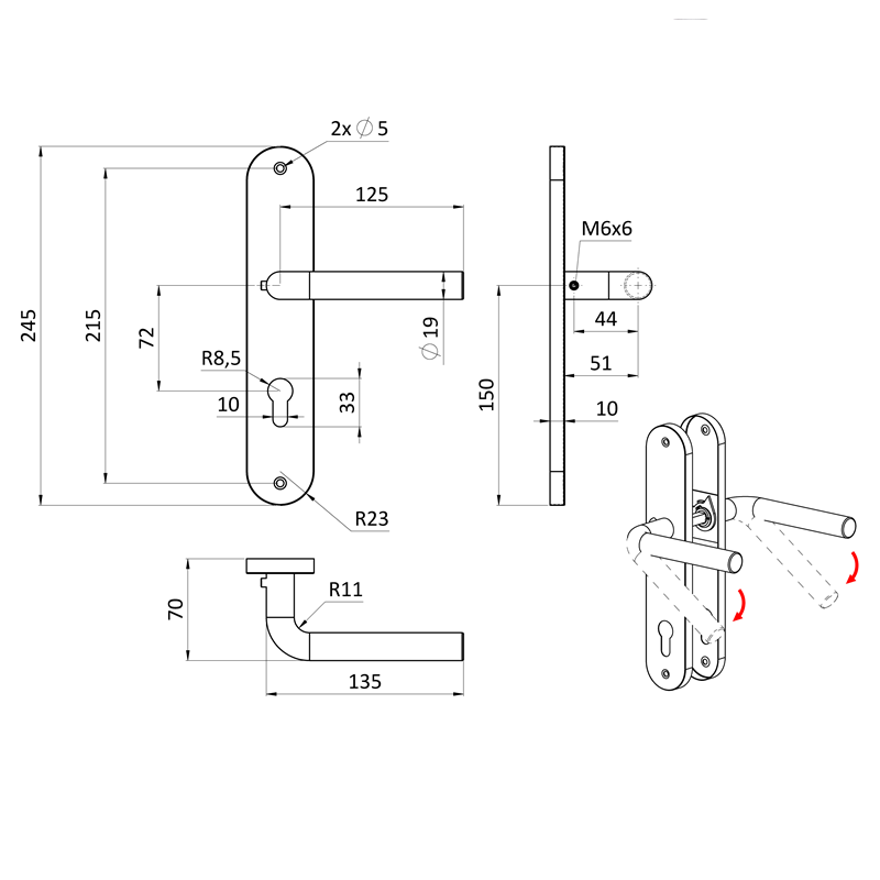 EB1-KSO1 štítová kľučka (pár) na oválnych štítoch, balenie: 2ks štítová kľučka, brúsená nerez K320 / AISI304